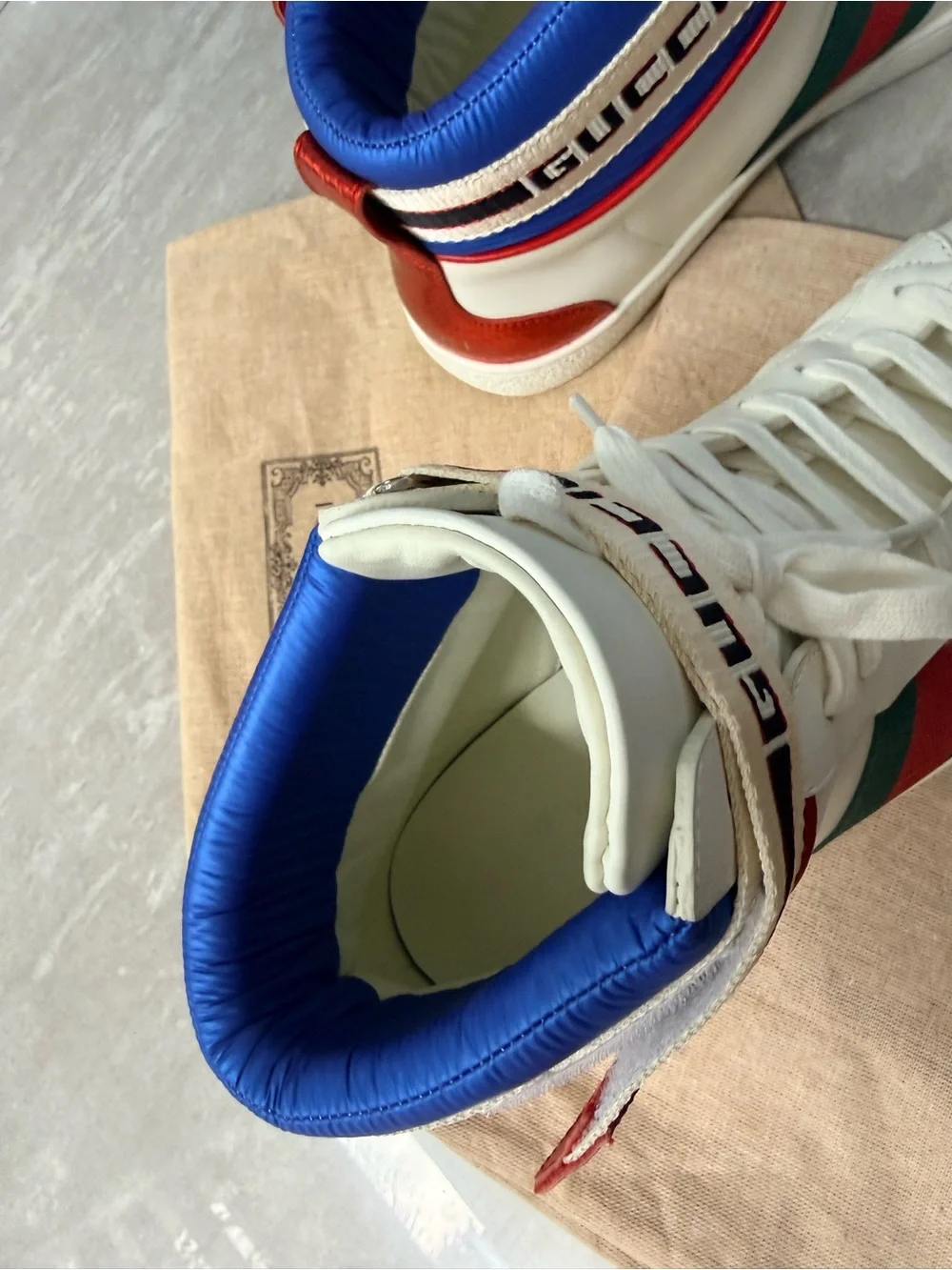 Gucci White High-Top Leather Sneakers with Green and Red Web Stripe
